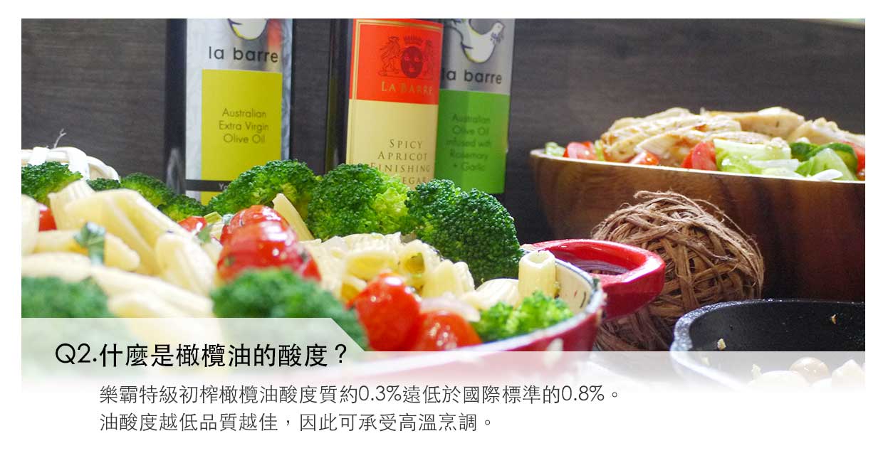 橄欖油酸度越高，越能夠耐高溫不易變質，澳洲樂霸特級初榨橄欖油的酸度約0.3%遠低於國際標準的0.8%